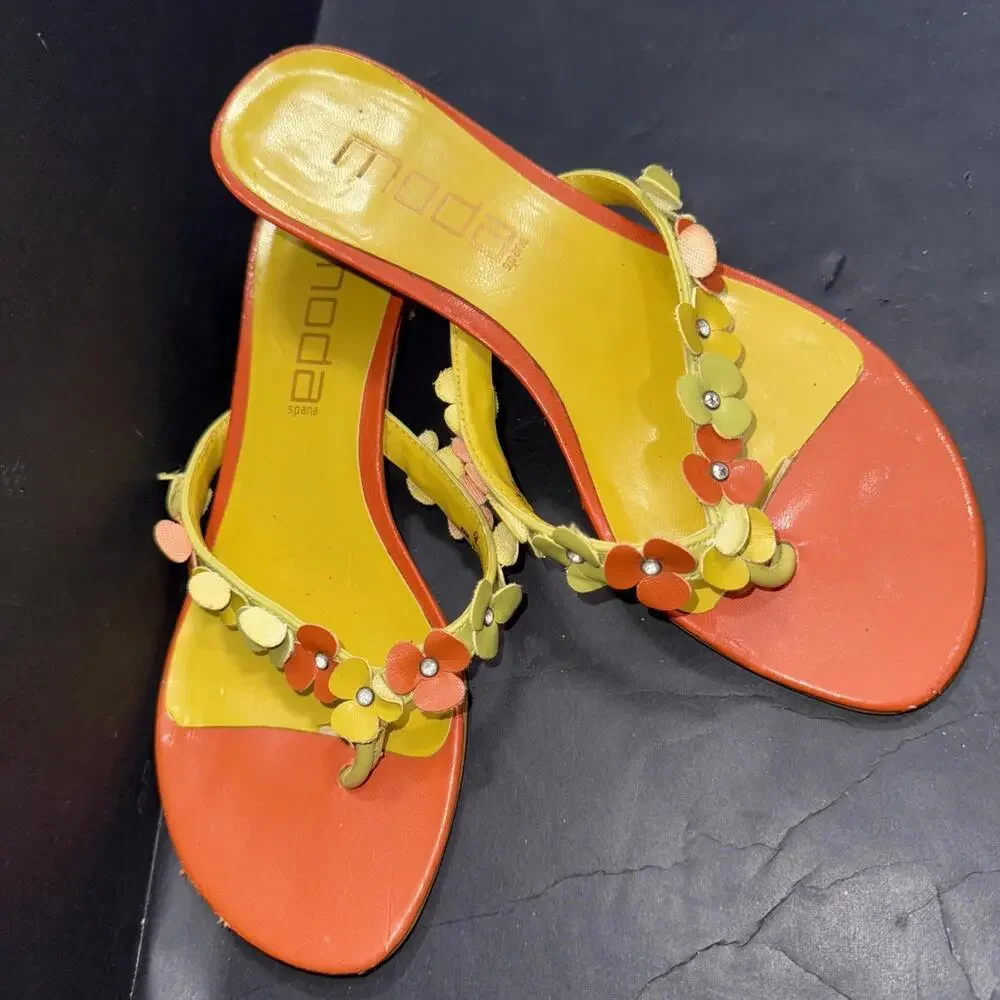 Moda Spana Orange Yellow Kitten Heel Flip Flop Floral Preppy Vintage Y2K Sz 6 - Picture 2 of 15